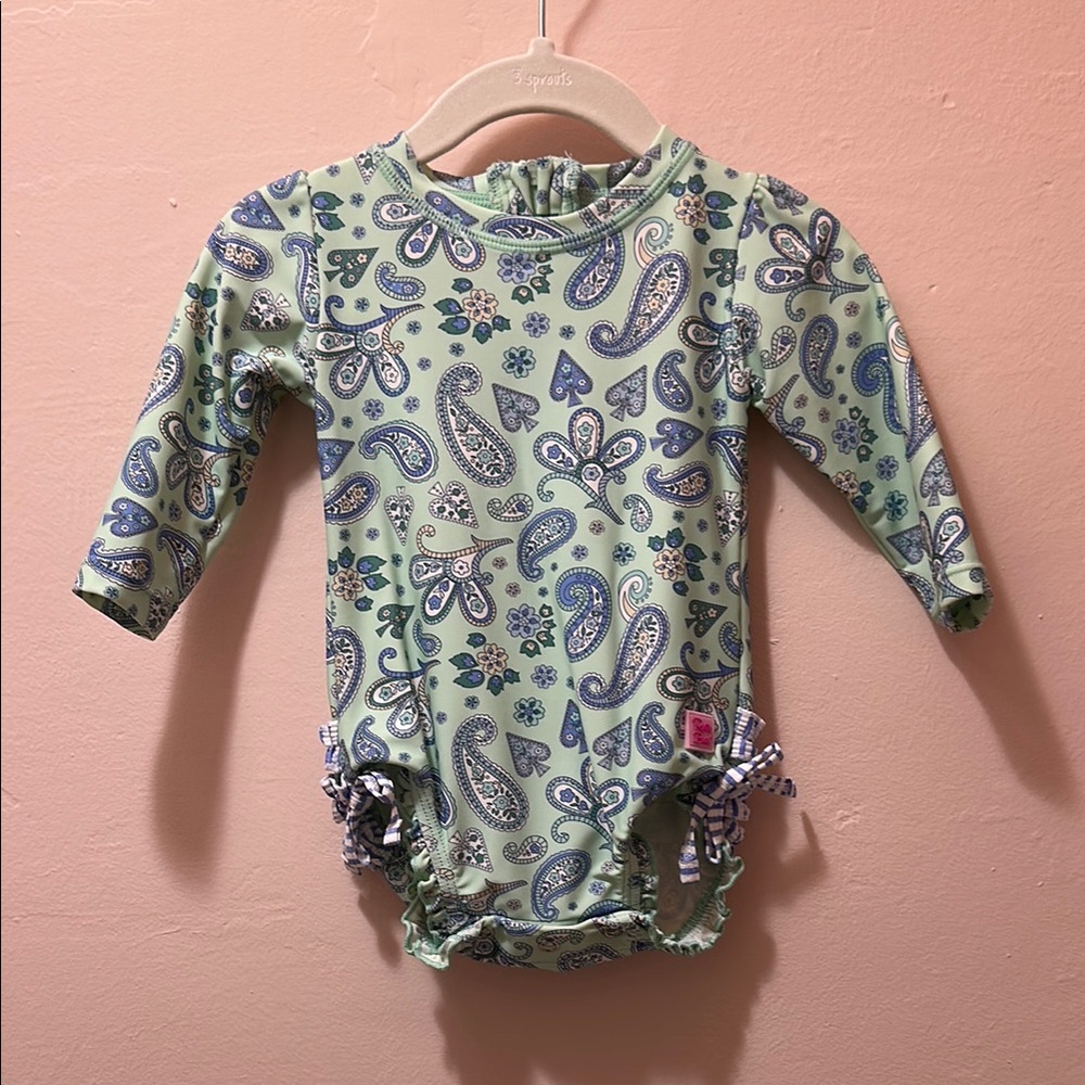 Ruffle Butts Green Paisley Long Sleeve Baby Bodysuit 6-12M